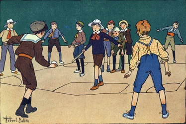 Theque (holdspil med bold og stok). Indgravering i "" Hvad spiller vi? “” af E. Weber med akvareltegninger af Robert Salles (1871-1929). Librairie Garnier Freres, Paris