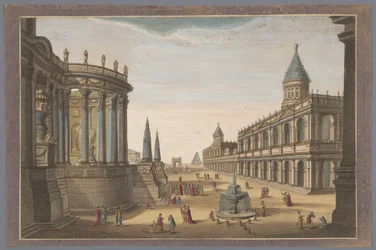 Udsigt over Vesta-templet, Cestius-pyramiden og andre bygninger i Rom Rom i sin originale pragt (titel på objekt)