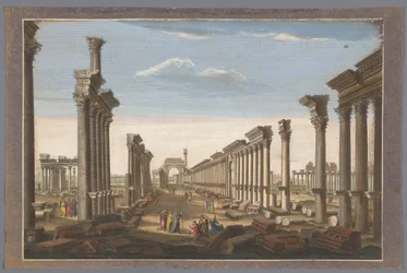 Udsigt over ruinerne af søjlegangens bue ved Palmyra, set fra vestsiden Resterne af det store tempel i Palmira set fra vest (titel på objektet)