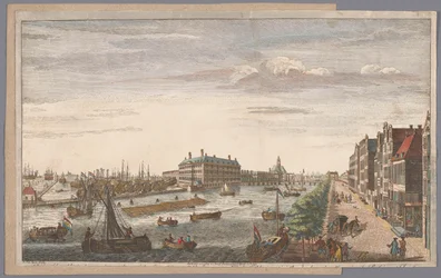 Oversigt over Admiraliteitsmagazijn i Amsterdam En udsigt over admiralitetet i Amsterdam, af de dertil hørende butikshuse, kajer og kajer og til det østindiske kompagni af Holland (titel på objektet)