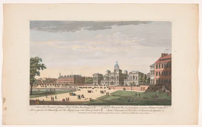 Udsigt over Horse Guards Parade i London med George II Augustus, konge af Storbritannien, afgang til House of Lords Udsigt over paraden i St. James Park, de nye bygninger til hestevagterne, Admiralitetet med Hans Majestæt på vej til