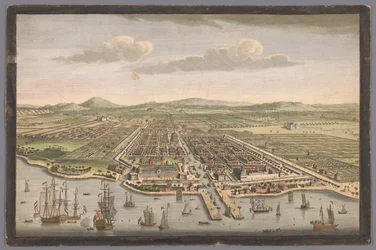 Udsigt på byen Batavia Byen Batavia på øen Java og hovedstad for alle de hollandske fabrikker og bosættelser i Østindien (titel på objektet) Nederzettingen van de VOC (serietitel)