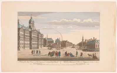 Udsigt over rådhuset i Amsterdam med brandmænd på Dam-pladsen Udsigt over Stadshuset og motorerne til brandslukning i Amsterdam (titel på objektet) Holland (serietitel)