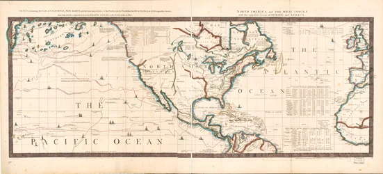 Kort, der indeholder Californiens kyster, New Albion og russiske opdagelser mod nord; med halvøen Kamtschatka, i Asien, over for denne; og øer, spredt over Stillehavet, nord for linjen. Nordamerika og Vesten