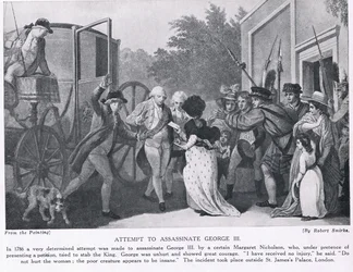 Forsøg på at myrde kong George III, illustration fra „Hutchinsons Nationernes Historie“, ca. 1910
