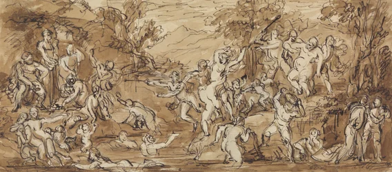 Figurstudie af en Bacchanalia-fest i et skovklædt landskab