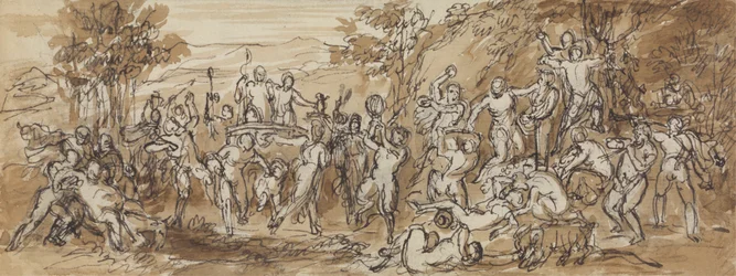 Figurstudie af en Bacchanalia-fest i et skovklædt landskab