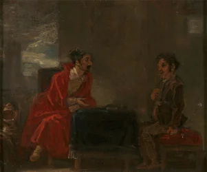 Illustration til Don Quixote, to figurer ved et bord