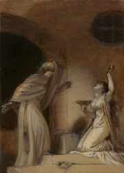 Illustration til en østlig romantik, muligvis "The Arabian Nights", med knælende kvindefigur til højre)