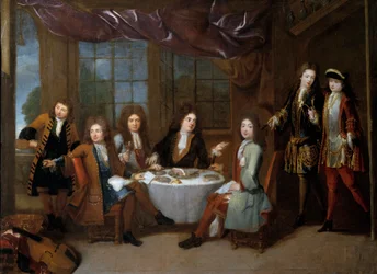 Skinke morgenmad. Mænd fra adelen deler en pålægsmiddag. Maleri af Robert Levrac Tournieres (1667-1752)