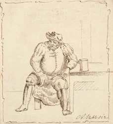 Skitse af siddende mand med krus, muligvis Falstaff