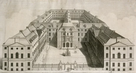 Fugleperspektiv af Guys Hospital, Southwark, med figurer i gården, indgraveret af William Henry Toms, ca. 1756