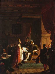 Mikael Agricola overrækker det finske NT til kong Gustav Vasa