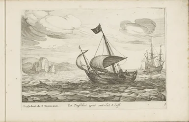 Dogger af hundestøvle Een Dogh-boot groot om 8 Last / Dogh-Boot de 8 Tonneaux (titel på objekt) Forskellige skibe ikke på se sert dans les Provinces Unies / Ikoner af forskellige hollandske skibe, hvis brug hovedsageligt er i de indre farvande i regionen