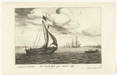 Vrachtkagen Een Vracht-kaghe groot omkring 6 Last / Cague de 6 Tonneaux (titel på objekt) Hollandse scheepstypen, 1627 (serietitel) Forskellige skibe Don ton se sert dans les United Provinces / Ikoner af forskellige hollandske skibe, hvis brug for det mest