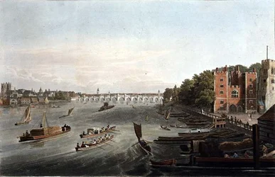 Udsigt over Westminster Bridge og Lambeth Palace, pub. 1820 af Colnaghi & Co. (gravering)