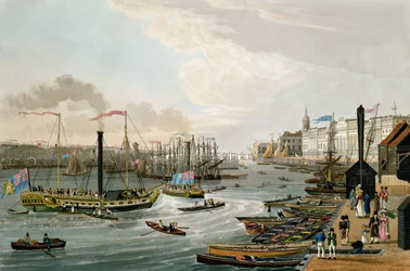 Udsigt over London Bridge og Custom House med Margate Steam Yachts, pub. 1820 af Colnaghi und Co. (farvet akvatint)