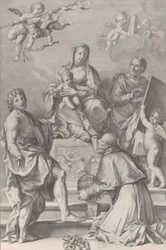 Madonna og barn i centrum med Johannes Døberen, Sankt Lukas, pave Peter Celestini,..., 1694.