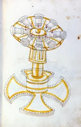Krigskunst: undersøgelse af militærmaskiner. roterende kanon, illustration fra 