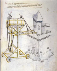 Krigskunst: undersøgelse af militærmaskiner. overfaldstårn, der tjener til belejring af tårne, illustration fra 