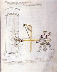 Krigskunst: undersøgelse af militærmaskiner. brug af vædder til at belejre et tårn, illustration fra 