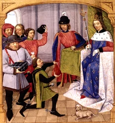 Fransk slægtning Philip V (1293-1322) modtager skat, belysning af Robinet Testard fra "Grandes Chroniques de France" 1471