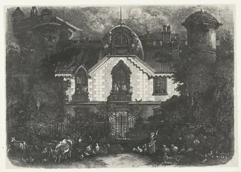 Hus med tårn bag et hegn og hyrdinde med kvæg La maison enchantee