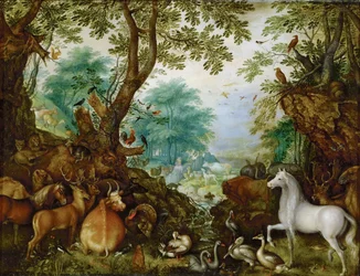 Orphee parmi les animaux - Orpheus blandt dyrene - Roelant (Roelandt) Savery (1576-1639). Olie på kobber, ca 1628. Mål: 27,5x36 cm. Kunsthistorisk museum, Vienne