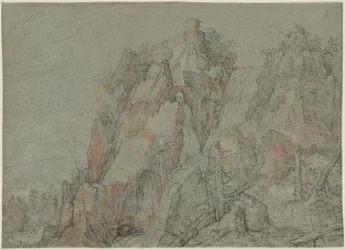 Bjerglandskab med slotte og vandfald