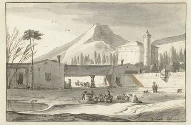 Bjergrigt, italiensk landskab med en rotundekirke