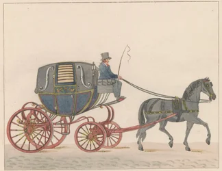 Hestevogn i Amsterdam, ca. 1825 En Amsterdamsche Huurkoetsje eller knallert / Un Fiacre de Louage en usage à Amsterdam A ij connu sous la nom de Brommertje (titel på objektet)