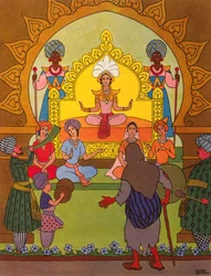 Pari Banou sidder på en gylden trone, illustration til 