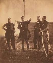 Den franske general Pierre Bosquet (center), der giver ordrer til sit personale, Krim -krig, Krim, Ukraine