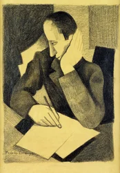 Mand skriver: Undersøgelse for malaria; Man skriver: Studie for Paludes, ca. 1920