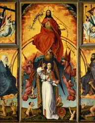Alter for den sidste dom: Kristus-dommeren, ærkeenglen Michael, der vejer sjæle, engle, der blæser i trompeter og bærer lidelsesredskaberne; Sankt Maria og Sankt Johannes Døber (ood)