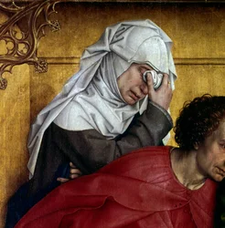 Afsætning eller nedstigning af korset. Detalje af karakteren i tårer. Rogier Altertavle (Roger) Van Der Weyden (1400-1464) 1435 Dim. 2,20 x 0,35 m Madrid, Musee du Prado - Aflejringen eller nedstigningen fra korset. Detalje af de sørgende karakterer. Altar