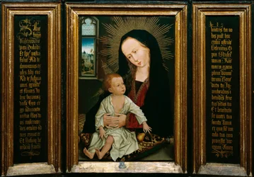 Salve Regina (Salve, O Dronning, katolsk bøn), repræsentation af Jomfruen og Barnet, der holder en pære (olie på træ)