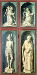 Bebudelsen, St. Sebastian, St. Anthony den Store og de to donorer, paneler fra bagsiden af den sidste dom, ca. 1445-50 (olie på panel)