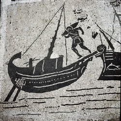 Et skib fra Cagliari vender tilbage til havnen i Ostia (mosaik