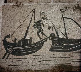 Gamle Ostia (Ostia). Place des Corporations. Mosaik af Sabratha Seafarers Corporation. Lastning af varer på et fartøj.
