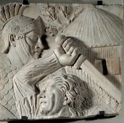 Det gamle Roms kunst: Barbar, der kæmper mod en romersk legionær. Lavrelief, begyndelsen af 2. århundrede efter JC. Rom, Trajan-forum. Sol: 0,84x0,88m. Paris, Musée du Louvre