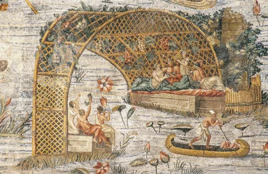 Banket under pergola, detaljer fra nilotisk mosaik af oversvømmelser af floden Nilen i Egypten, fra Sanctuary of Fortuna Primigenia ved Palestrina, Lazio, Italien, romersk civilisation