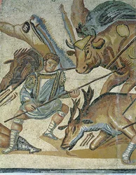 Kamp mellem gladiatorer og dyr, detalje af en gladiator, der spyder en tyr, 320 AD (mosaik)