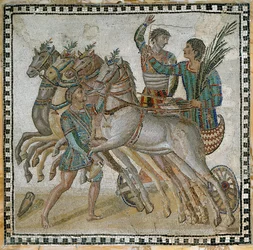 Vogn (quadriga) kapløb med vognførerne i startposition og en brudgom nær den hvide hest (i forgrunden) - Mosaik, 3. århundrede