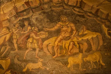Gulvmosaik med kyklop, Villa Romana del Casale, Piazza Armerina, Sicilien, Italien