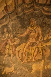 Cyclops gulvmosaik, Villa Romana del Casale, Piazza Armerina, Sicilien, Italien (foto)