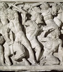 Detalje af en sarkofag, der skildrer en kamp mellem romerne og galaterne sten