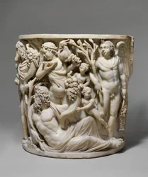 Detalje af marmorsarkofag med Dionysos triumf og årstiderne, ca. 260–270 e.Kr. (marmor)