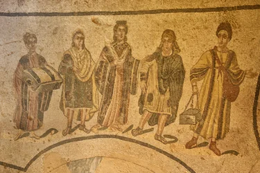 Indgang til termo, gulvmosaik, Villa Romana del Casale, Piazza Armerina, Sicilien, Italien (foto)