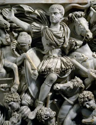 Rideportræt af Hostilianus, søn af kejser Decius, sammen med hans vagter til hest, detalje fra Den Store Ludovisi-sarkofag med relief, der viser kamp mellem romere og østgotere, ca. 260, romersk civilisation, 3. århundrede